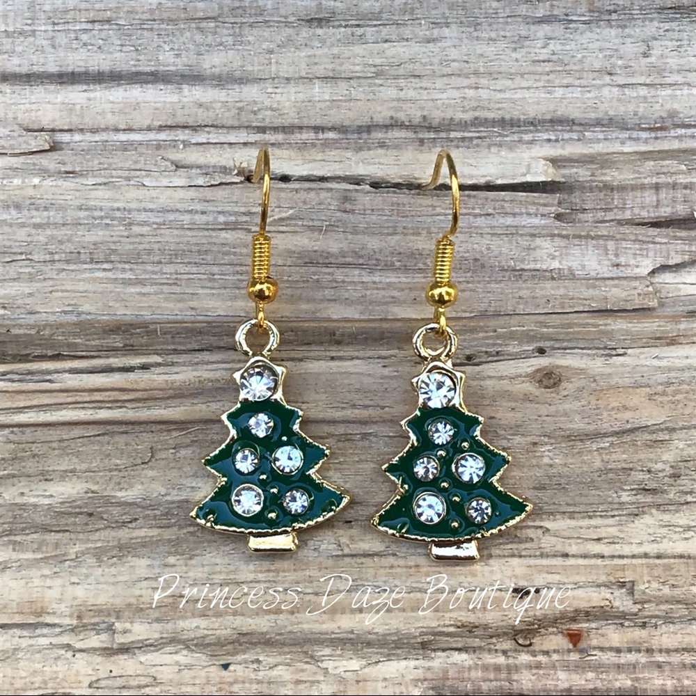 Gold Diamond Christmas Tree Dangle‎ Earrings